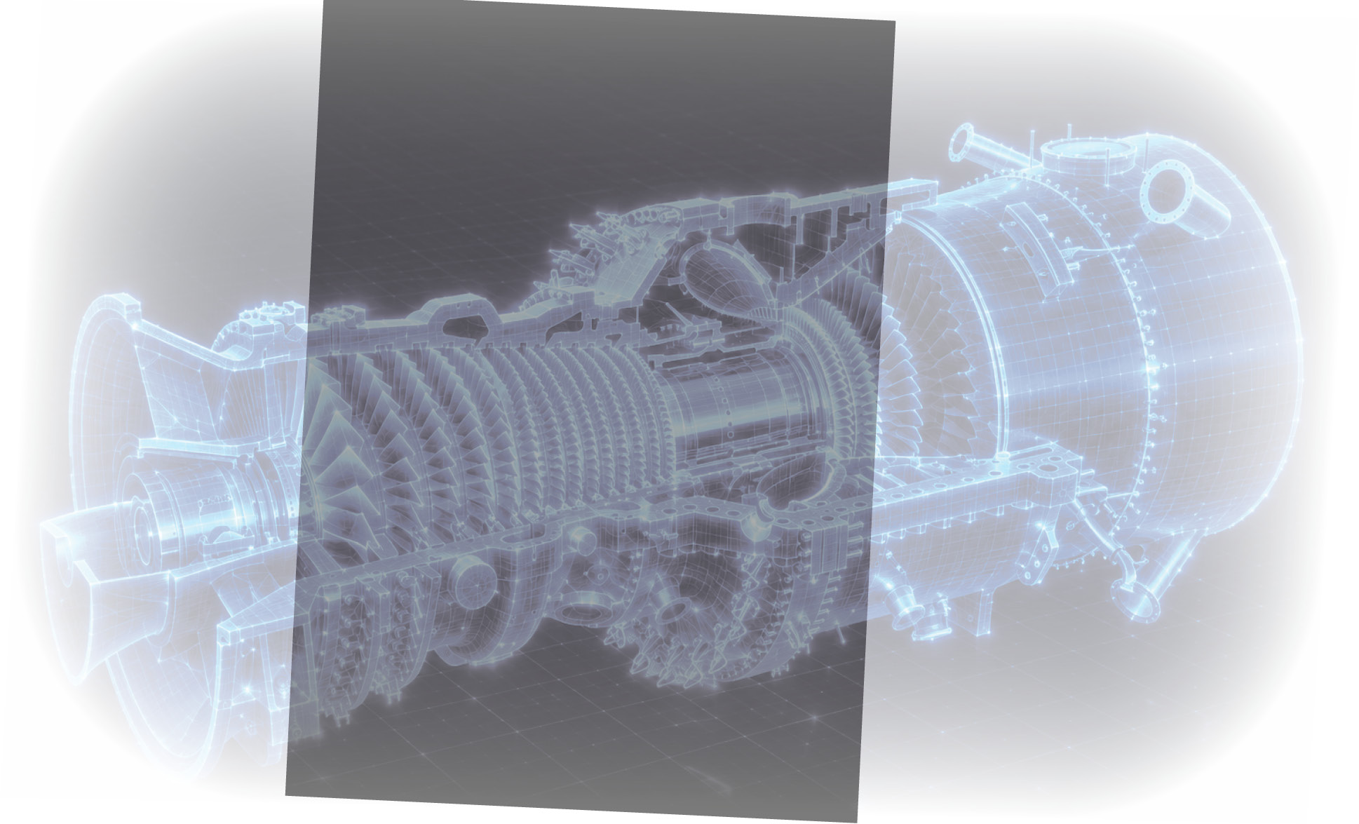 Rendering digitale trasparente di un motore a turbina con dettagli meccanici visibili.

Descrizione generata da AI